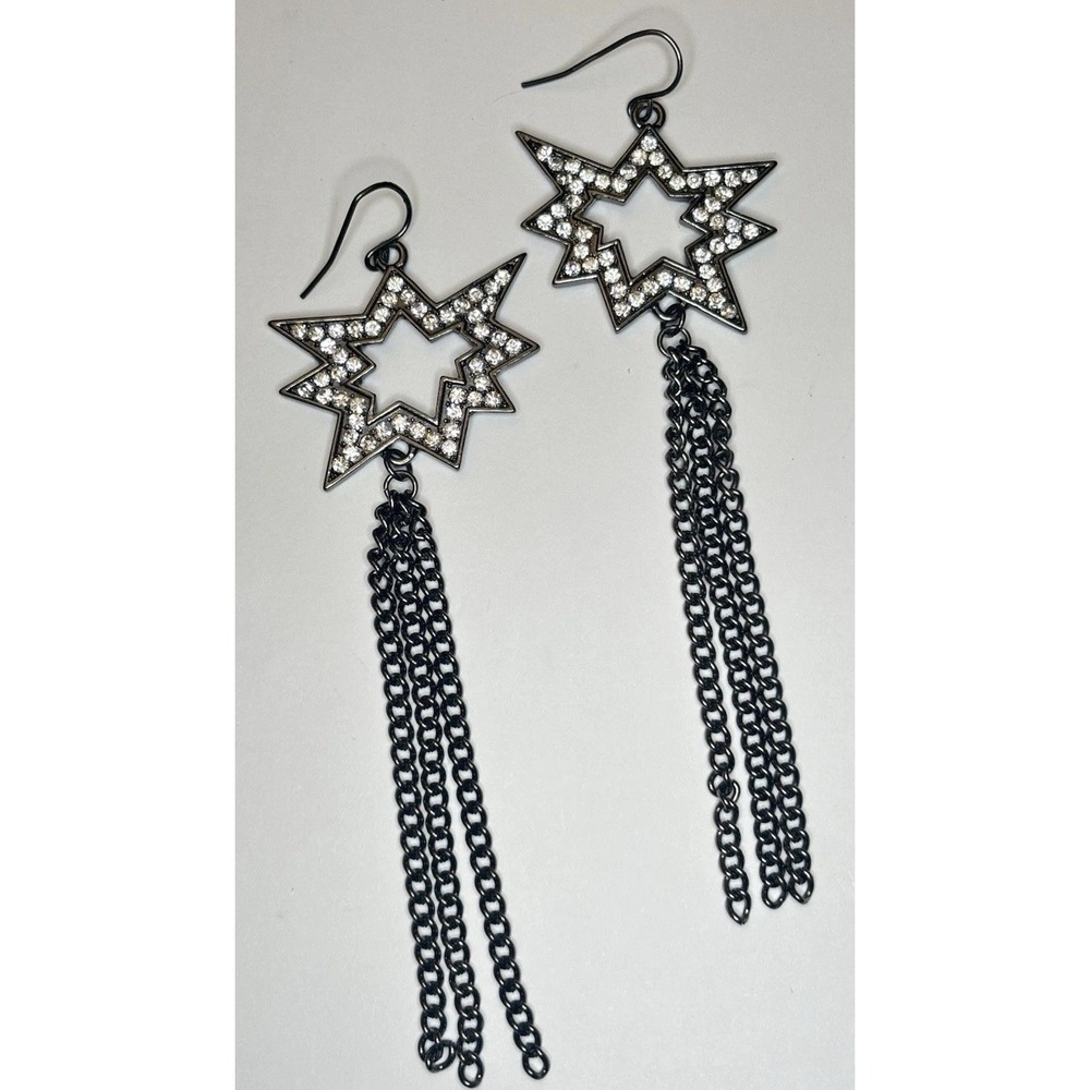 Vintage 4" Star Rhinestone Gunmetal Chain Tassel Dangle Earrings Y2K